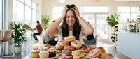 Young woman with long dark hair and medium skin tone, wearing casual attire, posing with hands near head while surrounded by assorted donuts and pastries on table in bright office or bakery setting.