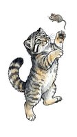 Playful tabby and white kitten jumping to catch a small mouse, isolated on white background. Perfect for children's books, greeting cards, and pet-related designs.