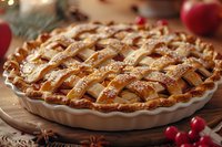 Freshly baked apple pie with lattice pastry crust dusted with sugar in white ceramic dish, decorated with cranberries and star anise on wooden surface.