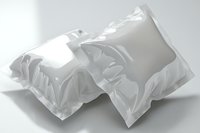 Empty crumpled plastic bags on white surface showing transparent texture and wrinkles with soft shadows creating minimalist composition.
