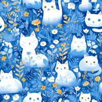 Playful seamless pattern featuring cute white cats among blue floral garden background with golden accents. Perfect for fabric, wallpaper, and children's design projects.