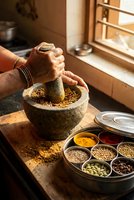 Traditional stone mortar and pestle grinding spices in warm kitchen with organized spice containers and natural sunlight for authentic cooking preparation.