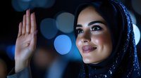 Young Middle Eastern woman in traditional navy hijab smiling confidently with raised hand against blurred blue bokeh background, expressing positive emotion and cultural identity.