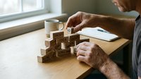 Close-up of mature adult male hands stacking wooden blocks with text on natural wood table near window, representing business strategy, planning, and structural growth concepts.