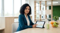Professional African American businesswoman with curly hair using tablet computer in modern office workspace for corporate presentations and meetings.