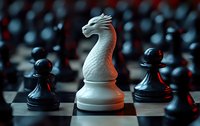 White knight chess piece standing tall among black pawns on chessboard, dramatic lighting creates contrast between pieces in strategic game setup.