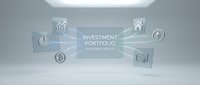 Investment portfolio management concept with financial icons and digital interface elements representing wealth growth and asset diversification for business presentations.