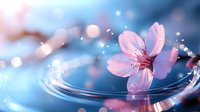 Pink cherry blossom floating on rippling water surface with magical bokeh lights and reflections creating dreamy spring atmosphere for wellness designs.