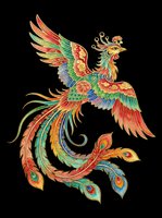 Ornate phoenix bird with vibrant red, green, and gold feathers, isolated on transparent background. Ready for t-shirt design, clipart, stickers, sublimation, and print-on-demand products.