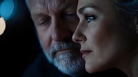Dramatic close up portrait of mature couple in dark moody lighting with blue bokeh background showing emotional connection and relationship intimacy.