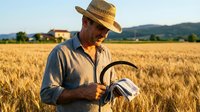 Middle-aged Caucasian male farmer in straw hat holding a sickle in golden wheat field at sunset, rural countryside agriculture scene.