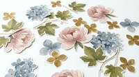Isolated floral elements featuring pink roses, blue hydrangeas, and golden flowers with green leaves on white background, ready for design projects.