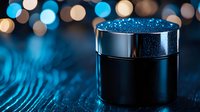 Luxurious black cosmetic jar with glitter on dark blue background with bokeh lights, showcasing premium skincare packaging for beauty product photography.