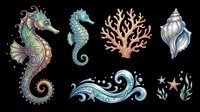 Colorful ocean clipart set with seahorses, coral, seashell, wave, starfish, and seaweed, isolated on transparent background, ready for stickers, t-shirt design, and print on demand.