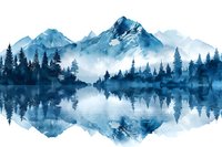 Serene mountain lake landscape in blue monochrome watercolor style with mirror reflection of pine forest and peaks in misty atmosphere.