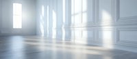 Bright sunlight streaming through tall windows casting dramatic shadows on white classical wall panels and reflective floor in empty minimalist room.