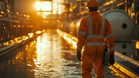 Industrial worker in orange high visibility protective workwear walking along wet reflective surface at chemical plant during golden sunset hour, rear view.