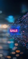 Glowing neon sale sign with digital network connections on blurred bokeh background, perfect for retail technology promotions.