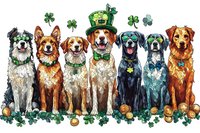 Seven happy dogs wearing St Patrick's Day accessories with shamrocks and gold coins scattered around them, festive holiday illustration in watercolor style.