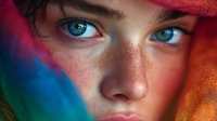 Young woman with striking blue eyes and freckles illuminated by vibrant rainbow colored lighting creating dramatic portrait with colorful shadows and highlights.