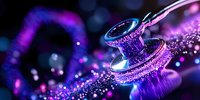 Medical stethoscope in vibrant purple and blue neon colors with glowing particles and bokeh effects on dark background, modern healthcare concept.