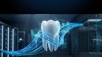 Digital tooth model with glowing blue data streams in modern server room representing dental technology and healthcare innovation in medical data processing.