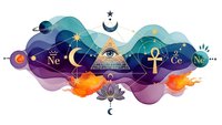 Mystical esoteric symbols with all-seeing eye, ankh, crescent moon and lotus in cosmic gradient design on white background for spiritual artwork.