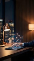 Businessman in dark suit working on tablet at wooden desk with glowing network diagram, digital analytics icons, and warm desk lamp in modern office at night for business technology concepts.