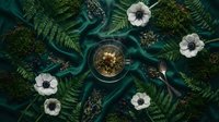 Herbal tea cup surrounded by ferns and white flowers on emerald silk fabric. Natural wellness and relaxation concept for spa and aromatherapy designs.