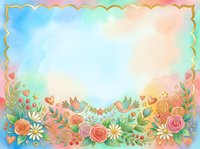 Watercolor floral border frame with colorful flowers, hearts, and decorative elements on pastel gradient background. Isolated design element for invitations, cards, and creative projects.