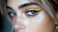 Young blonde woman with striking yellow winged eyeliner and bold graphic eye makeup. Close-up beauty portrait showcasing creative cosmetic artistry and trendy makeup look.