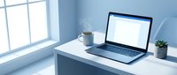Modern minimalist workspace with laptop computer, coffee cup and small plant on white desk near window in bright blue office interior.