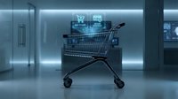 Shopping cart with digital commerce icons floating above in modern retail environment with futuristic lighting and sleek interior design.