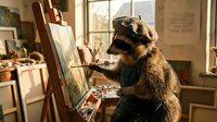 Artistic badger wearing beret painting on easel in cozy art studio with brushes and palette, creative animal artist concept for whimsical design projects.