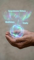 Hands holding holographic sphere with wellness icons showing comprehensive health mindfulness and vitality concepts for healthcare marketing materials.