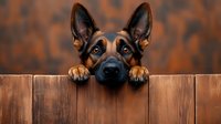 Curious German Shepherd dog peeking over wooden fence with paws on top, alert ears pointed up, against blurred autumn background, showing playful and watchful expression.