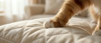 Orange tabby cat paws kneading soft white bedding in cozy bedroom setting. Feline making biscuits on comfortable blanket in warm natural light.