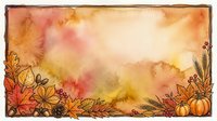 Autumn watercolor frame with colorful fall leaves, pumpkins, acorns, and berries on warm orange background, perfect for seasonal greeting cards.