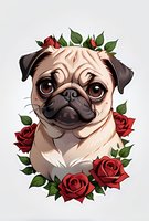 Adorable pug portrait surrounded by red roses and green leaves on light background, artistic style illustration for prints, cards and decorative designs.