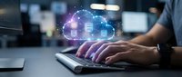 Cloud computing technology concept with businessman hands typing on laptop keyboard in modern office environment for digital transformation solutions.