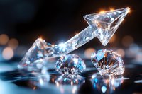 Crystal arrow pointing upward with sparkling diamonds on reflective surface against blurred bokeh background, symbolizing financial growth and luxury success.