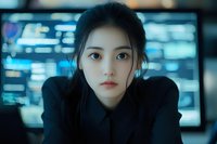 Young Asian businesswoman in black attire looking directly at camera with confident expression against blurred digital screens and technology background.