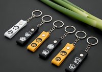 Decorative metal keychains with animal face designs in silver and gold finishes arranged in a row on dark surface with green plant stem, ready for retail or promotional use.