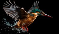 Majestic kingfisher in flight with spread wings catching fish, water splashing dramatically against dark background, vibrant turquoise and copper feathers gleaming.