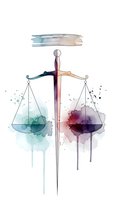Watercolor scales of justice with colorful paint splashes on white background, legal concept art for law firm branding and judicial system materials.