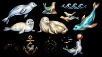 Watercolor sea lions, seals, crab, anchor, compass, and waves clipart set, isolated on transparent background. Great for stickers, t-shirt design, and print on demand.