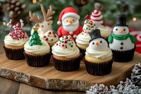 Festive Christmas cupcakes decorated with Santa, reindeer, snowman, and tree toppers on cream frosting, displayed on rustic wooden board with holiday lights and pine cones.