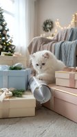 White fluffy kitten playing among wrapped gift boxes in festive living room decorated with Christmas tree, wreath, and warm lights. Holiday celebration scene.