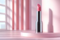Pink lipstick on round podium against soft pink background with window shadow creating minimal composition for cosmetic product presentation.