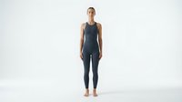 Young adult woman with light skin tone wearing black sleeveless athletic tank top and matching leggings, standing in neutral pose against white background for fitness apparel design.